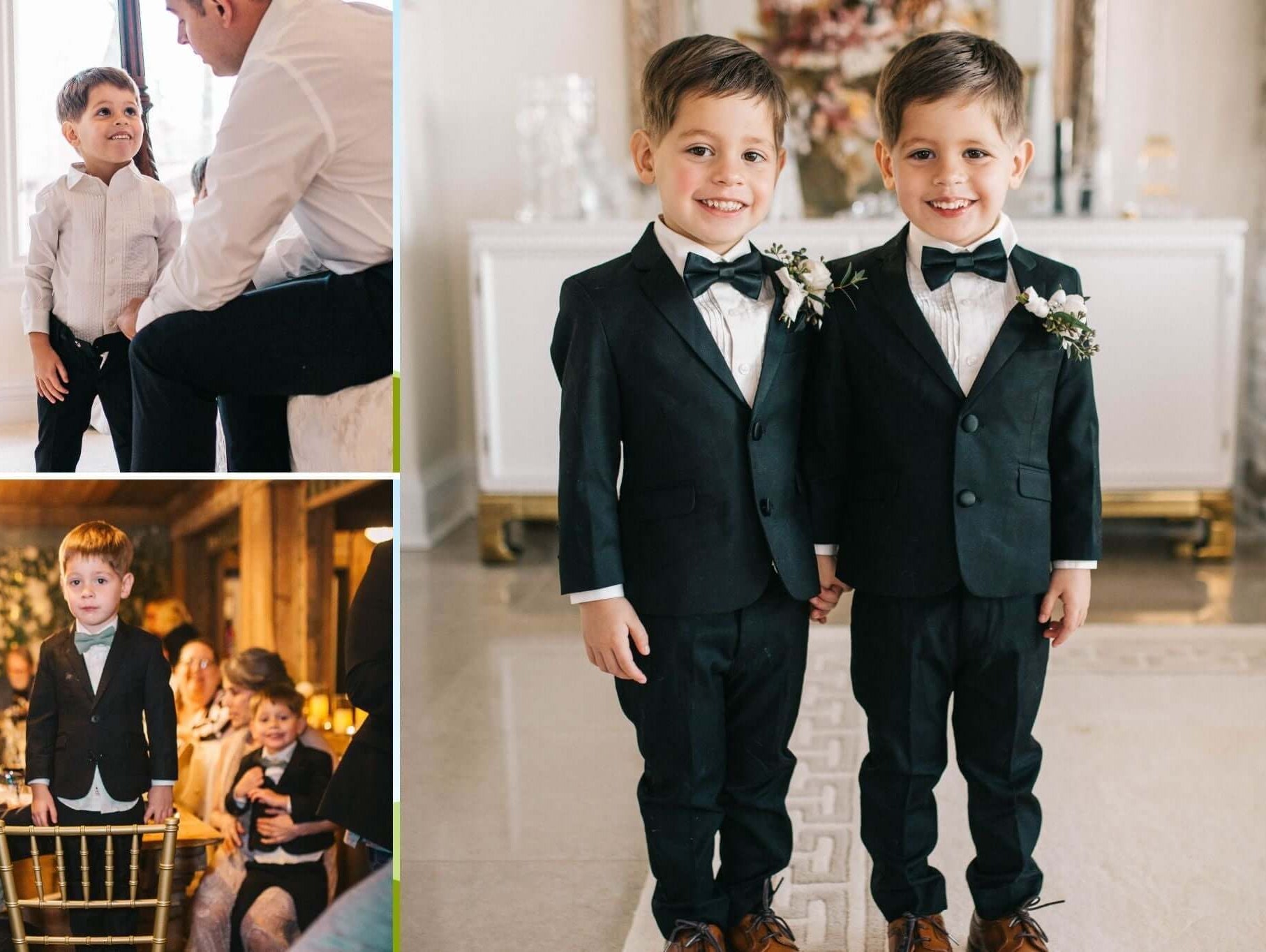 Two stylish boys in formal suits with bow ties, celebrating a wedding and looking dapper for spring festivities.