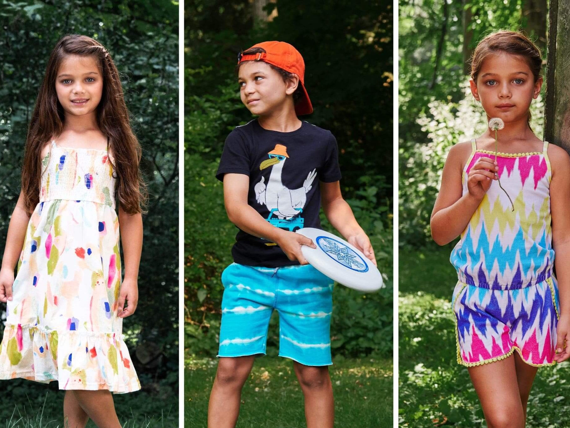 Stylish kids showcasing summer outfits, featuring playful dresses and cool activewear for boys and girls.