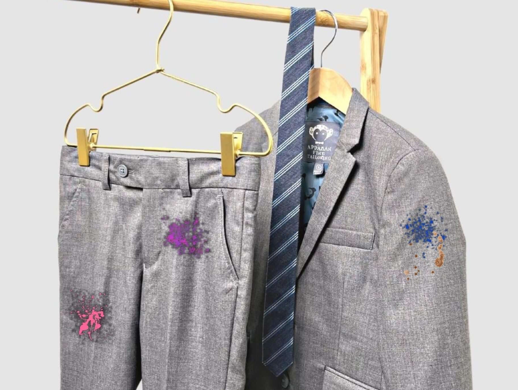 Appaman's machine washable gray suit with colorful paint splatters, showcasing stylish kids' fashion.