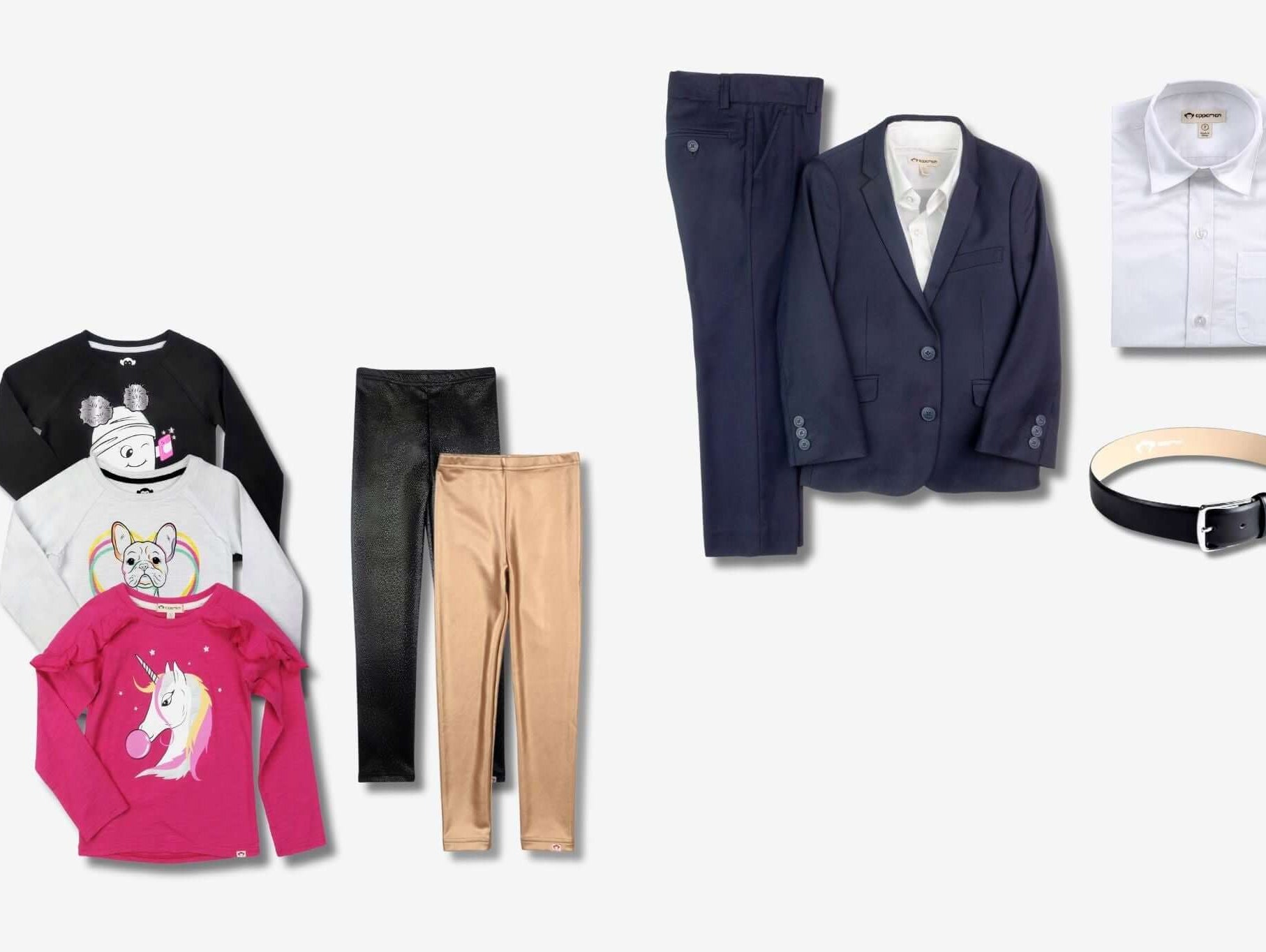 Stylish kids clothing bundles featuring vibrant tees, chic pants, and a sophisticated suit for all festive occasions.