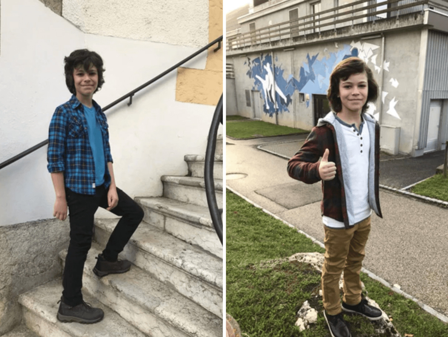 Stylish kid rocking a blue checkered shirt and a cozy hoodie, showing off playful confidence in Switzerland.