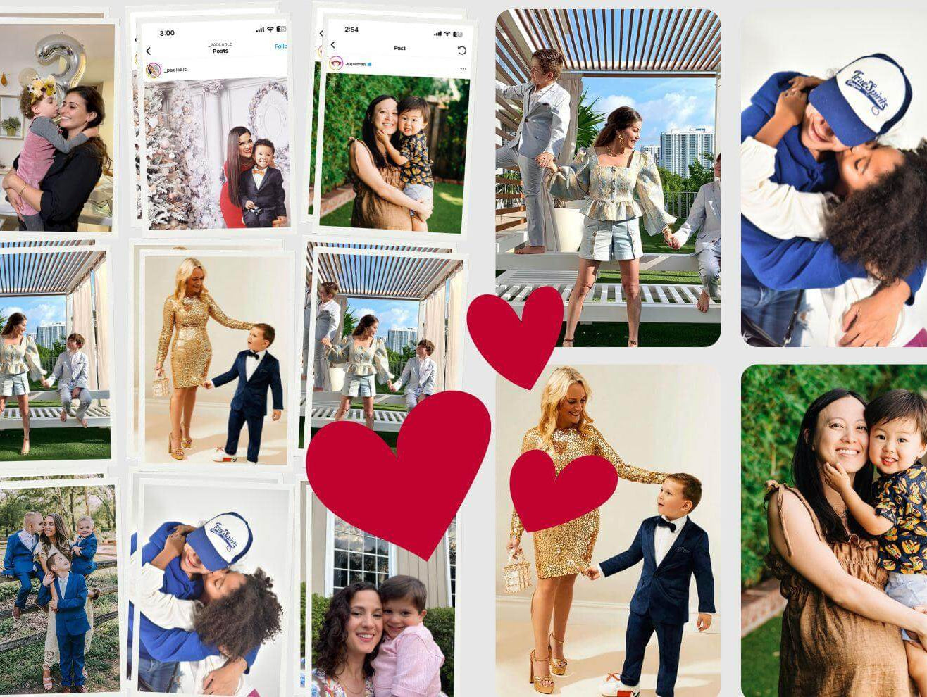 A heartwarming collage of stylish moms and kids celebrating love and togetherness, showcasing trendy kids' outfits.