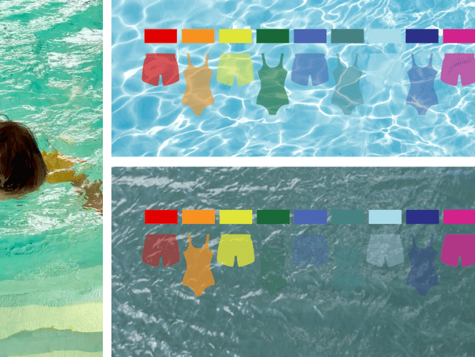 A child swimming with colorful swimwear options displayed, showcasing vibrant choices for stylish kids' swim attire.
