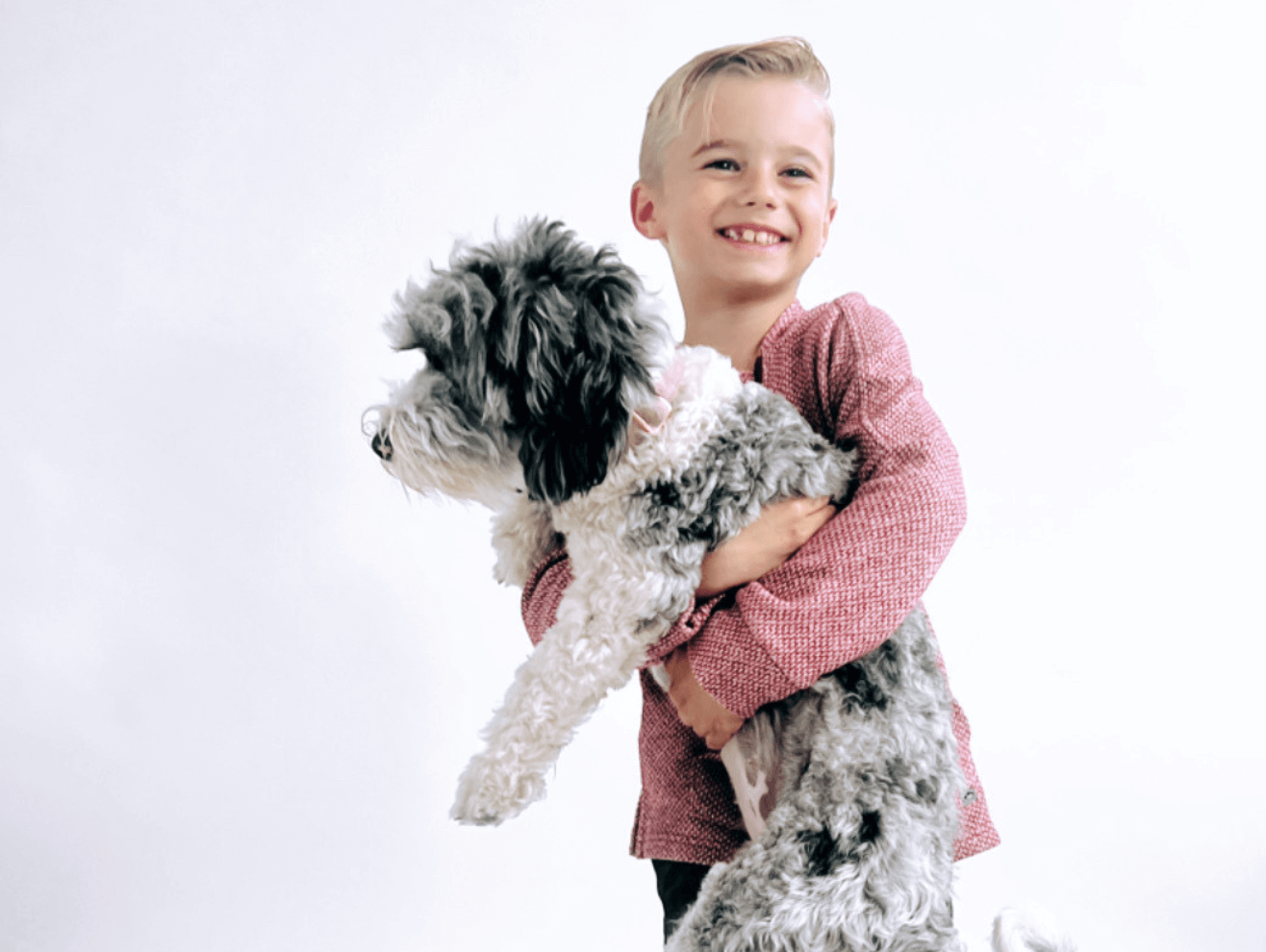 Joyful boy holding his fluffy dog, showcasing a fun moment of friendship and playfulness.