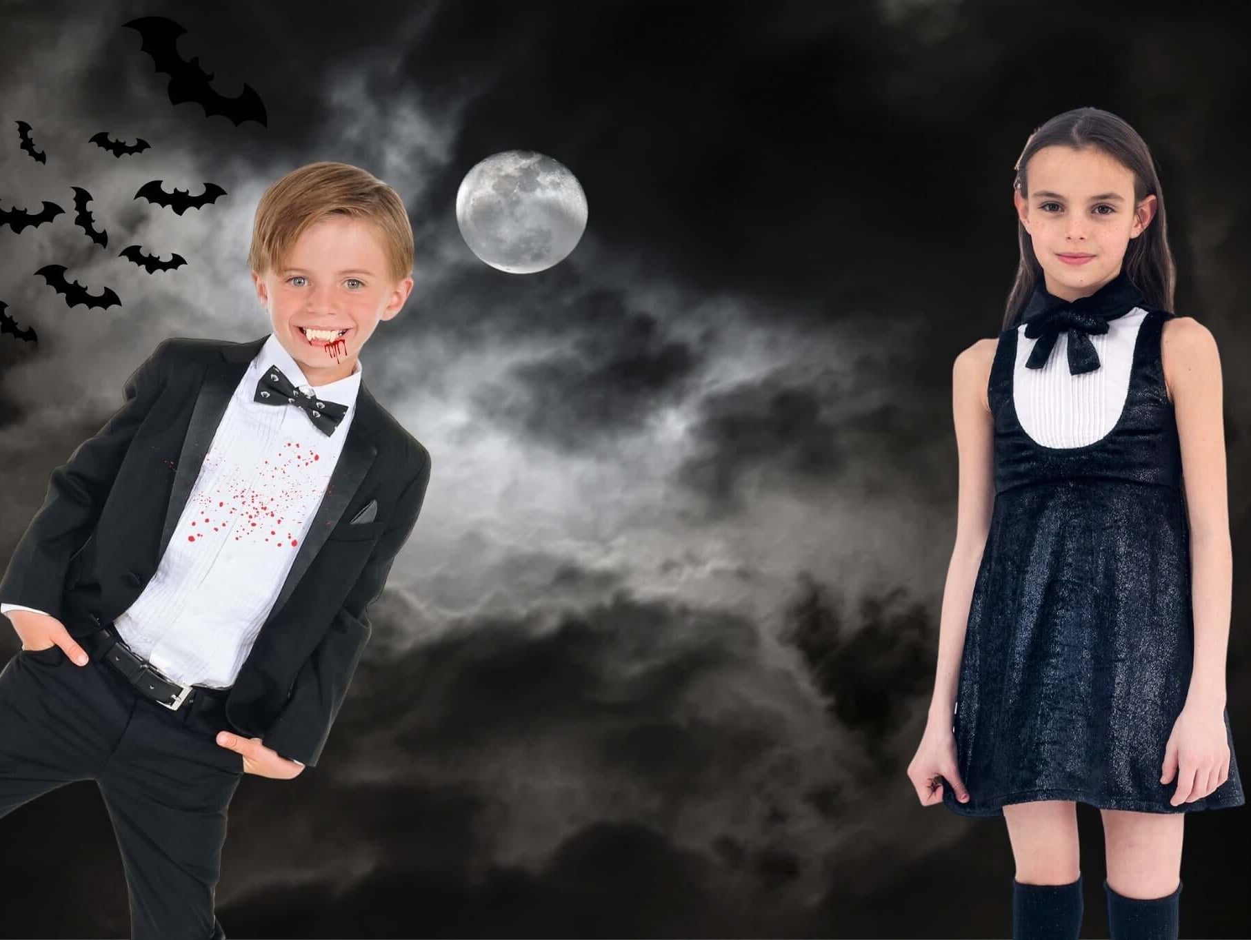 Spooky stylish siblings in DIY Halloween costumes, ready to enchant the night with playful elegance.