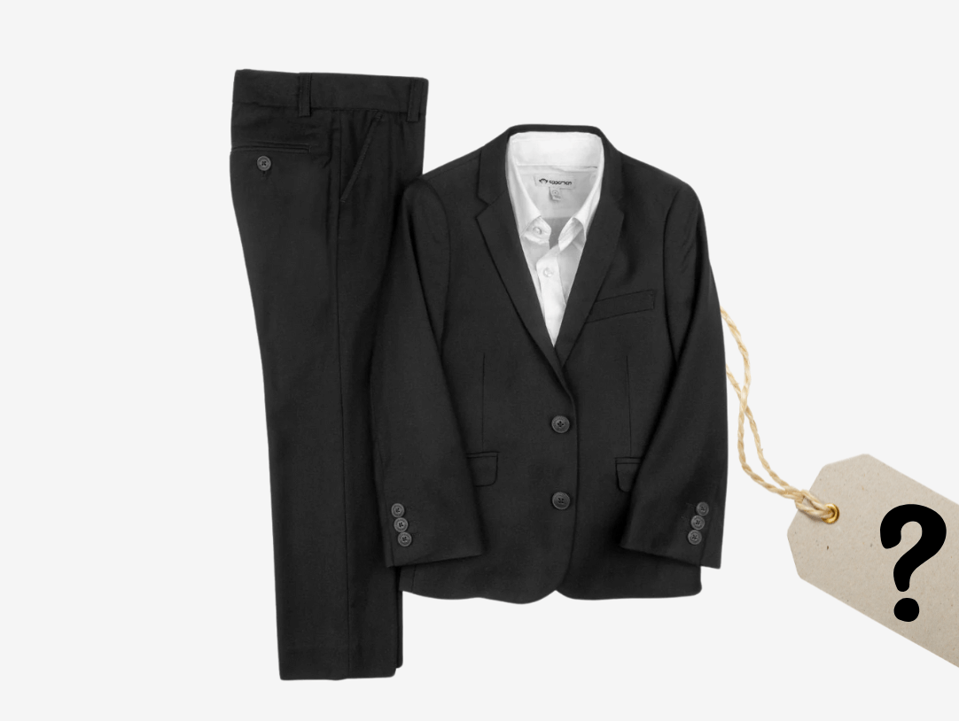 Stylish kids' suit laid out with a price tag, perfect for weddings or special occasions, blending fun and fashion.