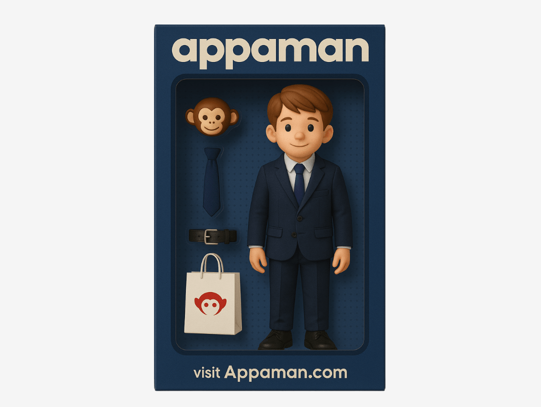 Stylish Appaman action figure in a suit, perfect for imaginative play and kids' fashion creativity.