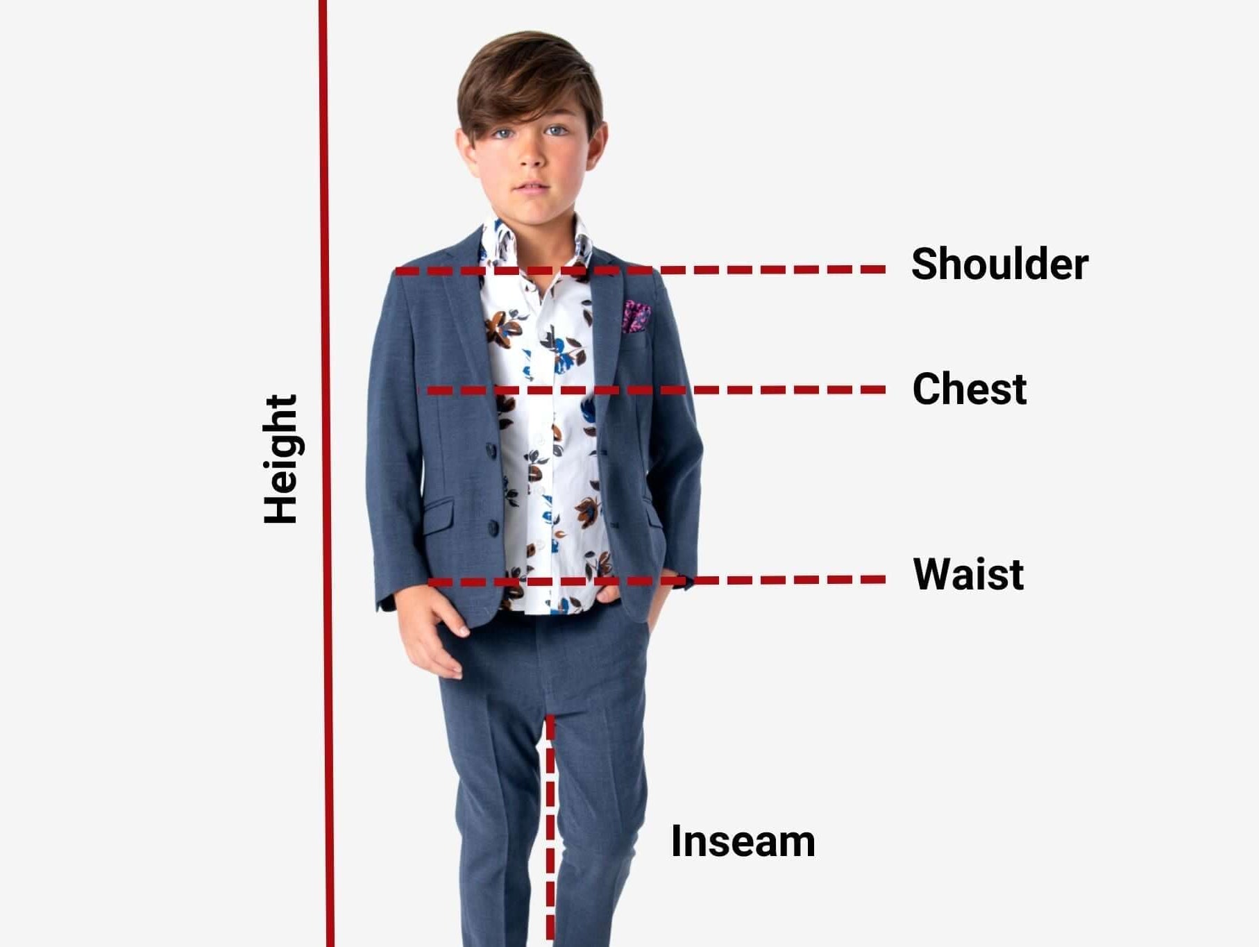 A stylish boy in a suit, showcasing key measurement points: shoulder, chest, waist, inseam for perfect fit.