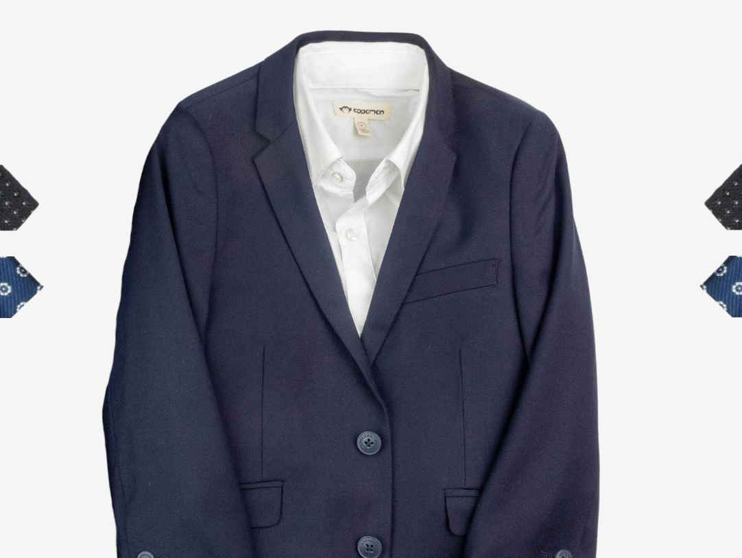 Stylish navy blue suit jacket surrounded by trendy tie options for kids, perfect for any formal event.