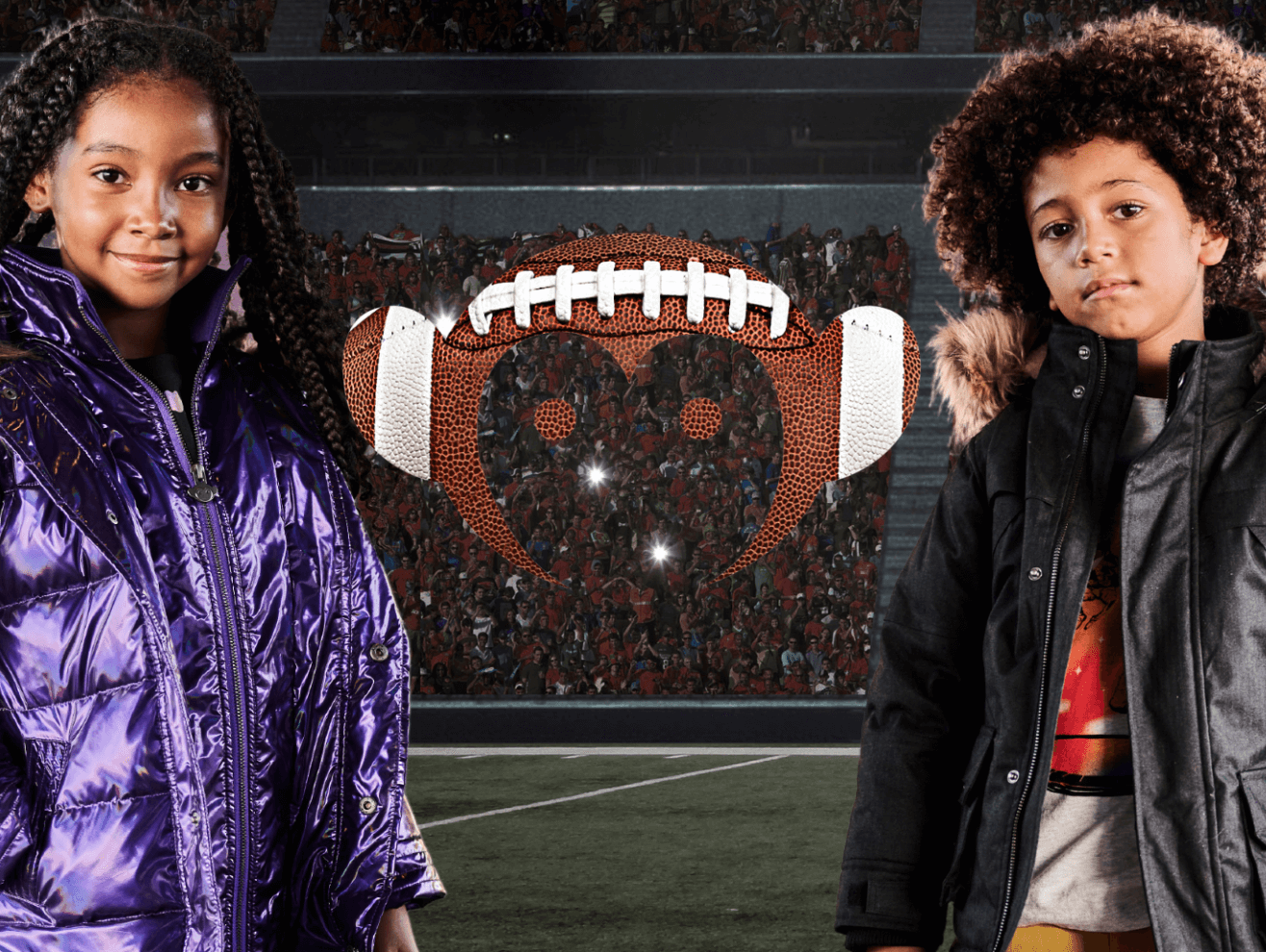 Stylish kids in trendy jackets ready for a fun Super Bowl party, showcasing modern kids' fashion and playful vibes.