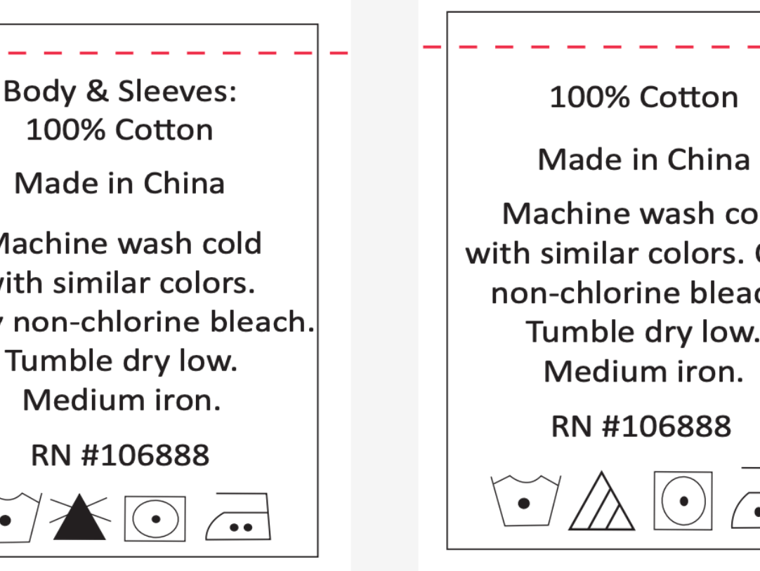 Care label showing laundry symbols and instructions for washing and caring for 100% cotton kids clothes.