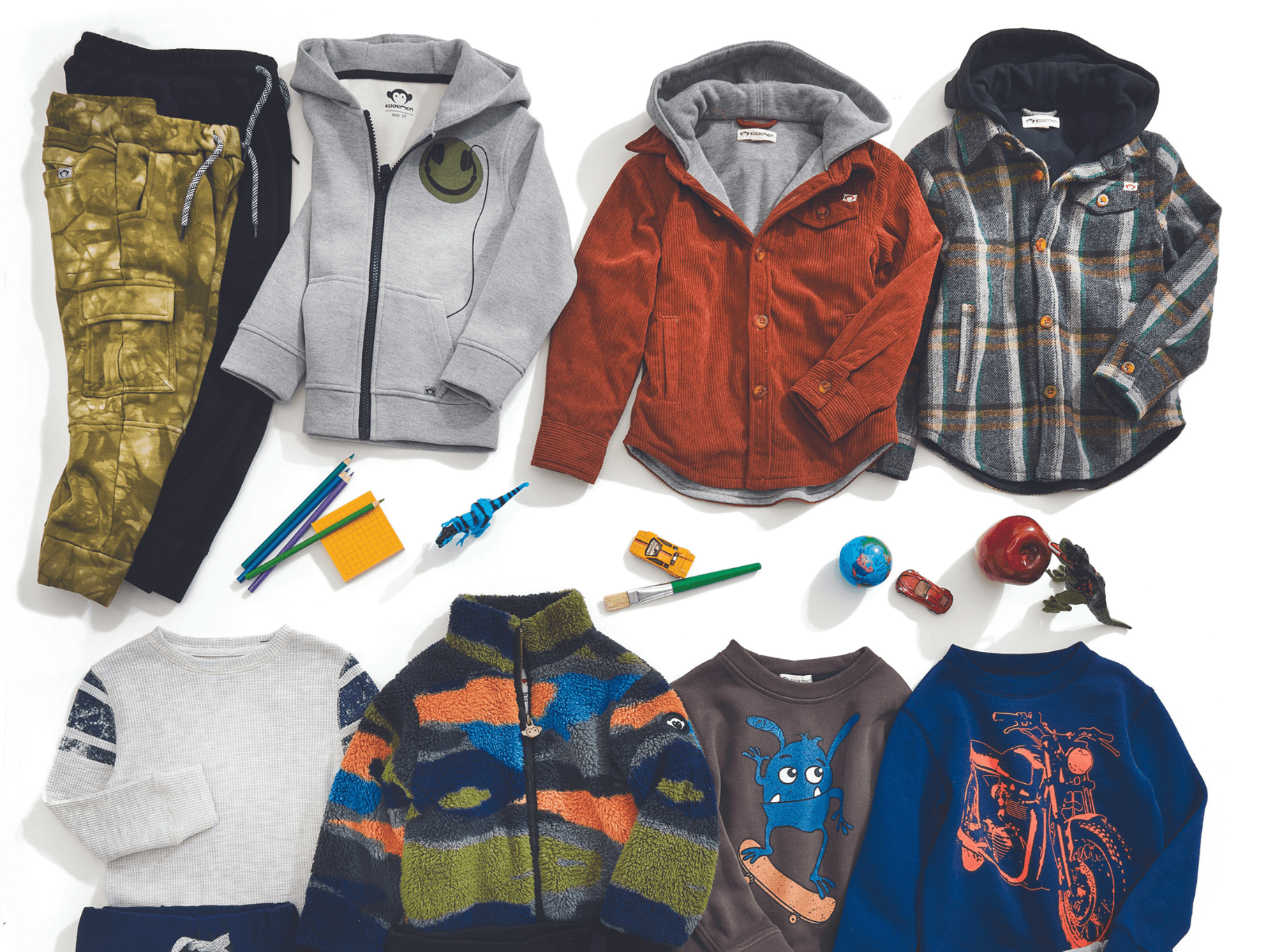 Stylish kids clothing collection featuring cozy hoodies, playful jackets, and fun patterns, perfect for school adventures.