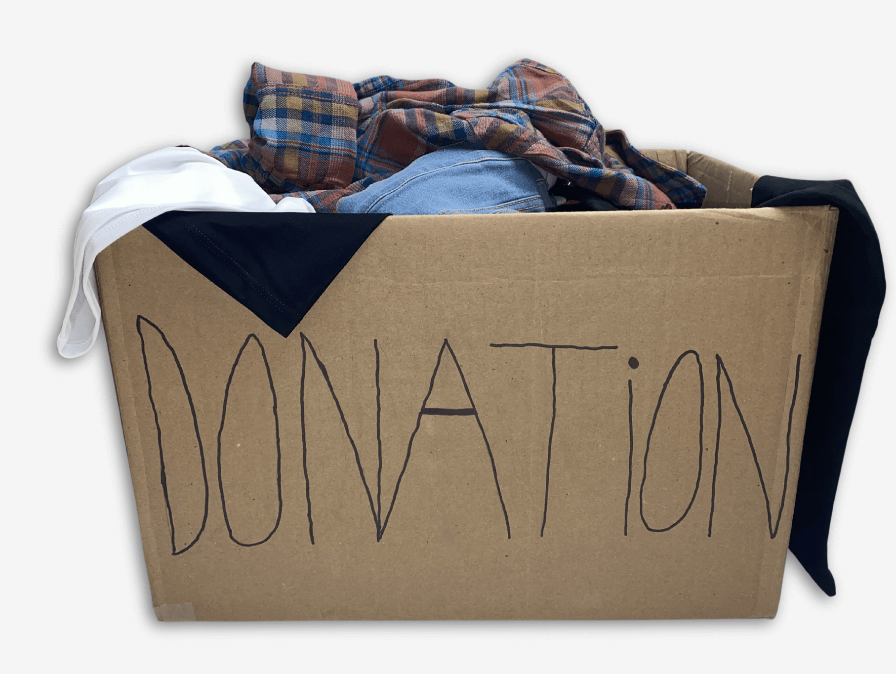 Cardboard box filled with clothes labeled 'DONATION' encouraging giving children's clothing.