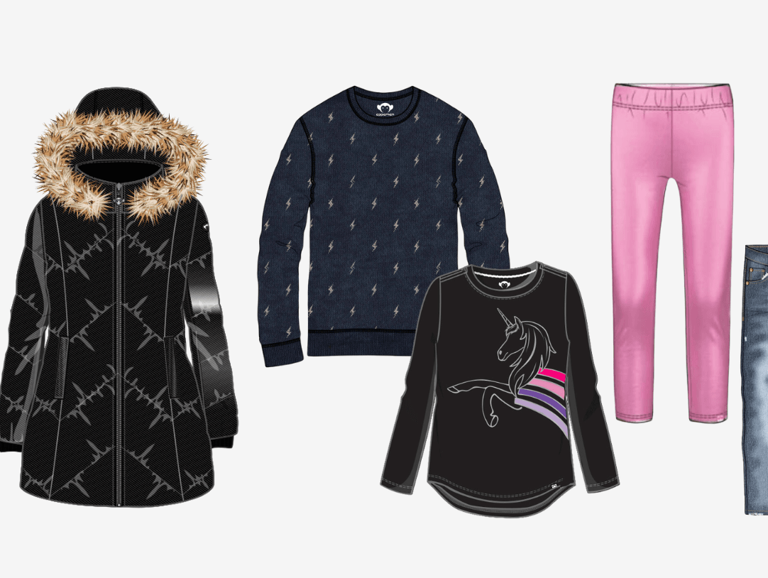 Stylish kidswear collection featuring playful tops, cozy jackets, and trendy pants for girls and boys.