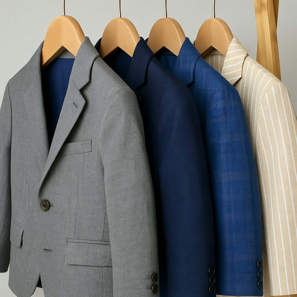Stylish boys' seasonal suits in grey, navy, blue, and striped designs, ready to elevate any occasion with confidence.