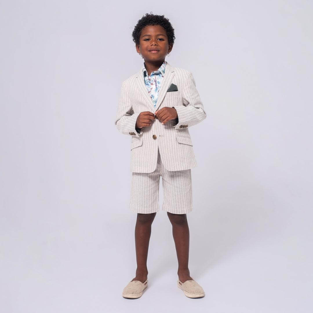 Stylish boy rocking a sharp striped short suit, ready for summer celebrations and special moments!