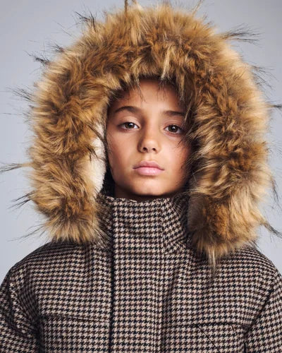 Appaman kids' houndstooth parka faux fur hood, studio photo.