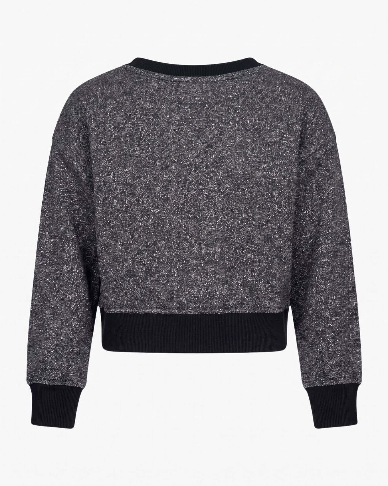 Gray marled sweater with black ribbed cuffs and hem on a white background