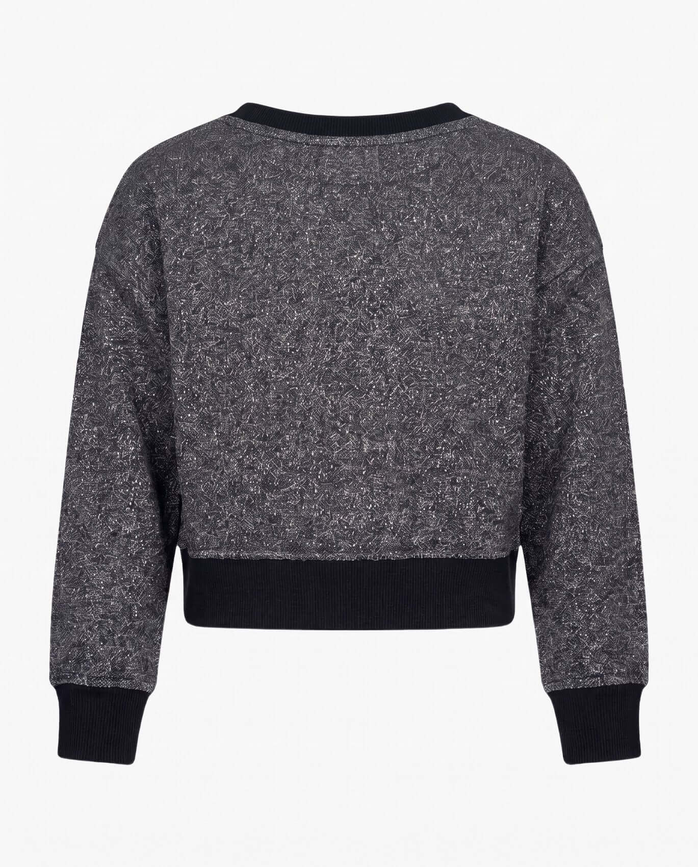 Gray marled sweater with black ribbed cuffs and hem on a white background