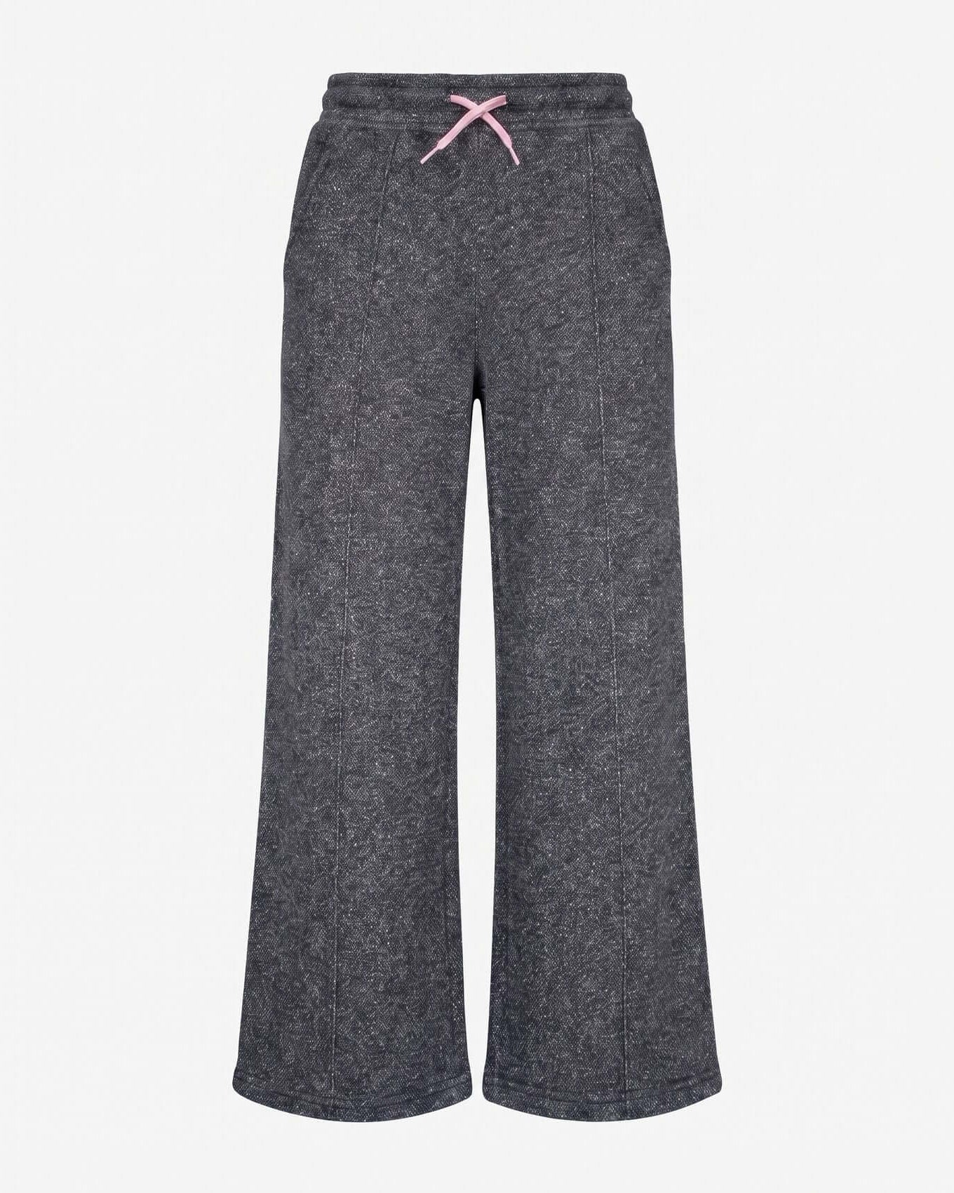 Dark gray sweatpants with a pink drawstring on a white background