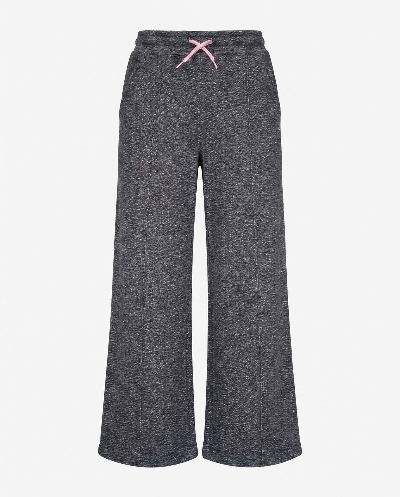 Dark gray sweatpants with a pink drawstring on a white background