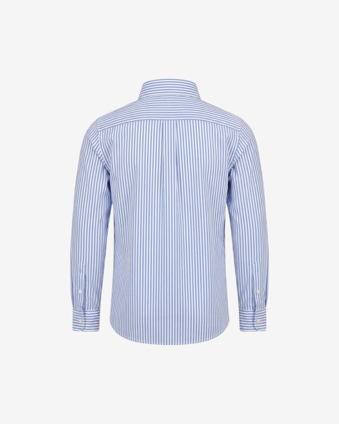 A long-sleeve button-down shirt with vertical blue and white stripes, shown from the back on a light gray background.