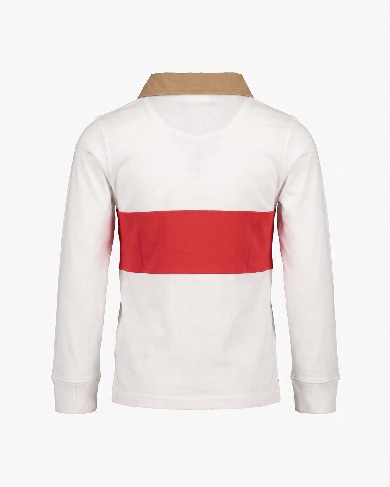 White long-sleeve shirt with a red stripe and beige collar on a white background