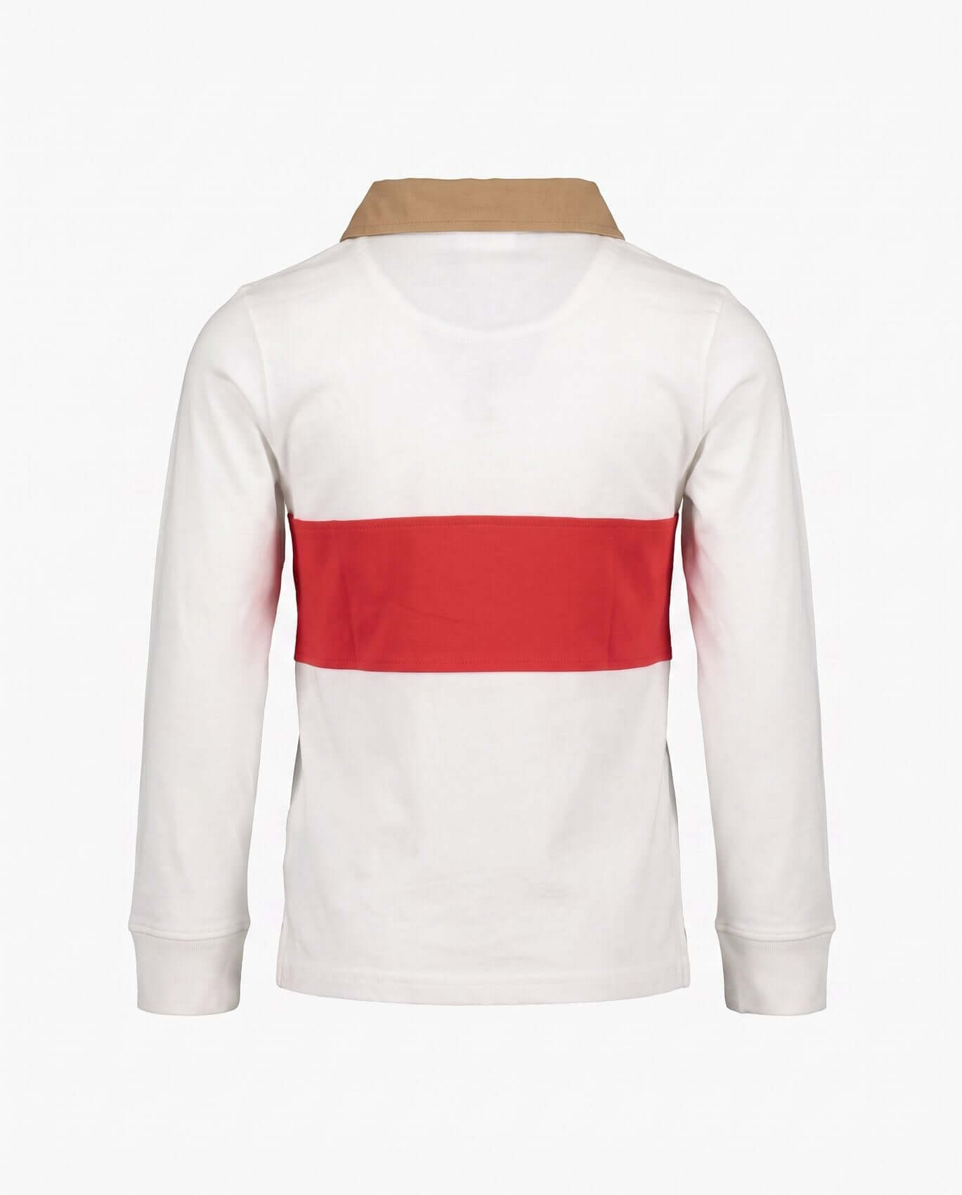 White long-sleeve shirt with a red stripe and beige collar on a white background