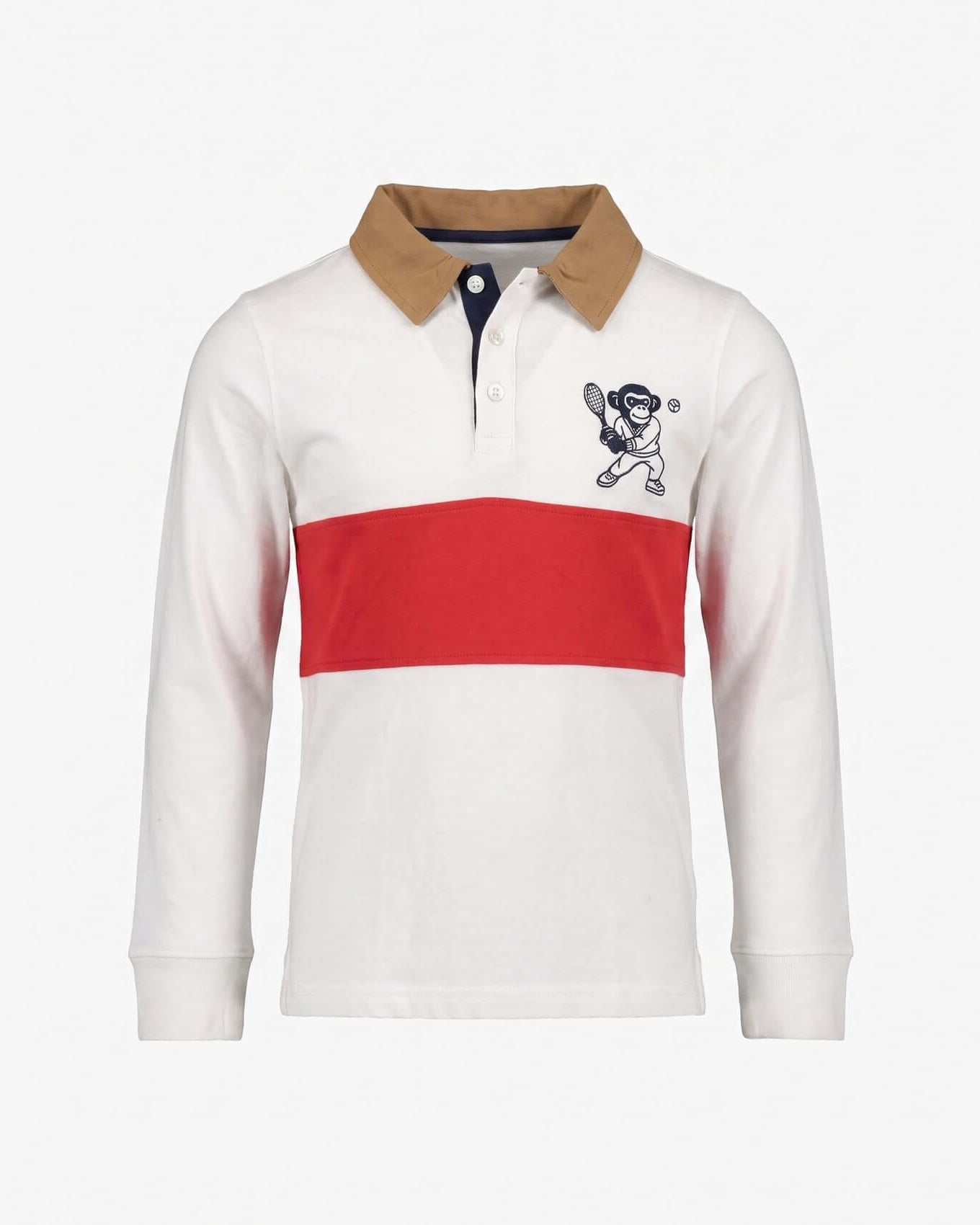 White long-sleeve polo shirt with red stripe and brown collar on a white background