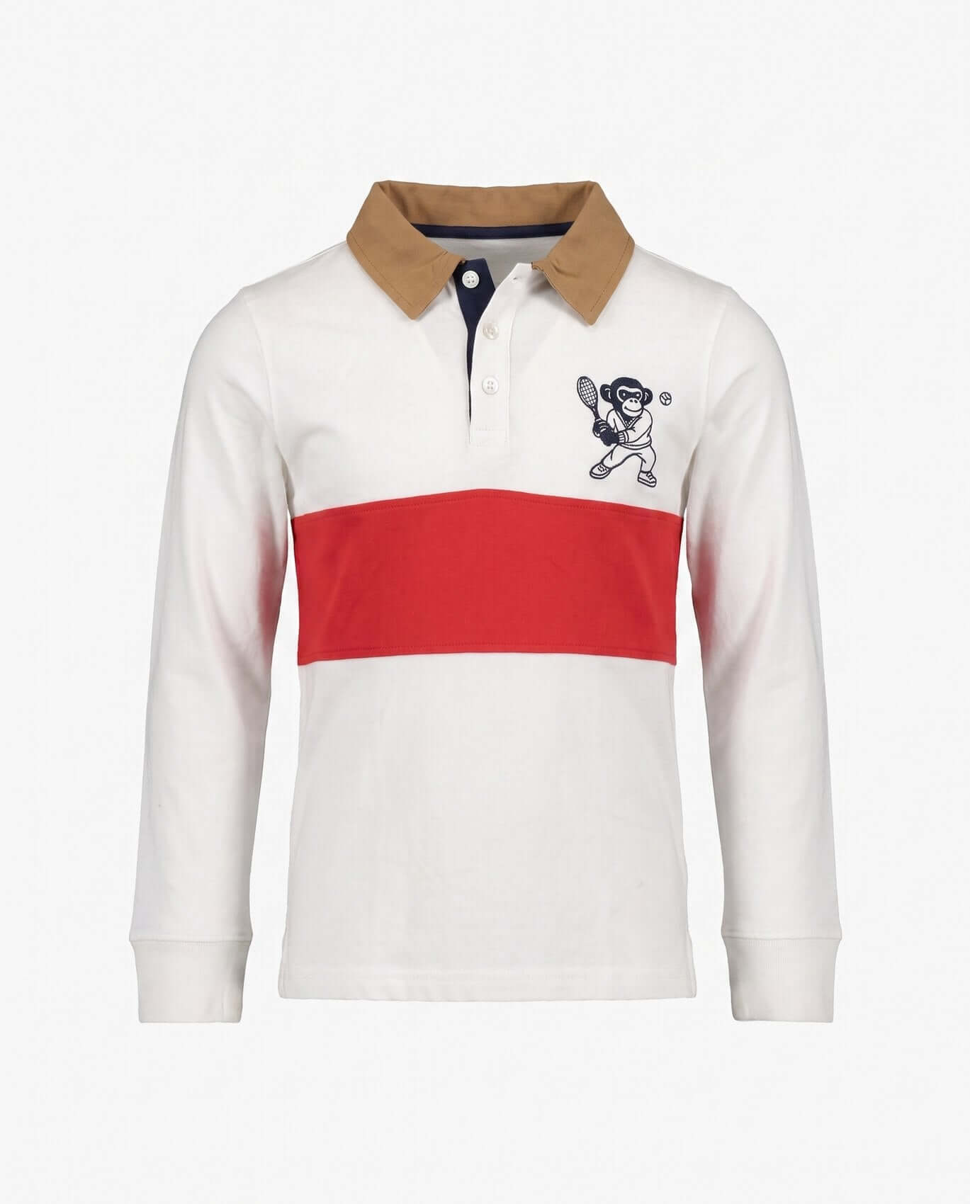 White long-sleeve polo shirt with red stripe and brown collar on a white background
