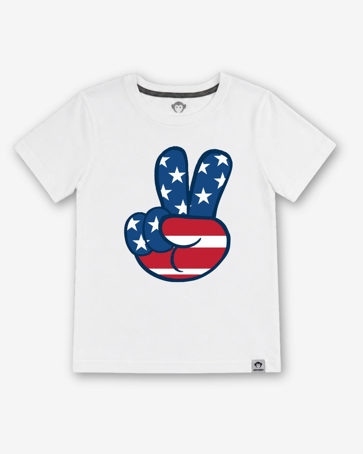 White t-shirt with a peace sign design featuring the American flag on a white background