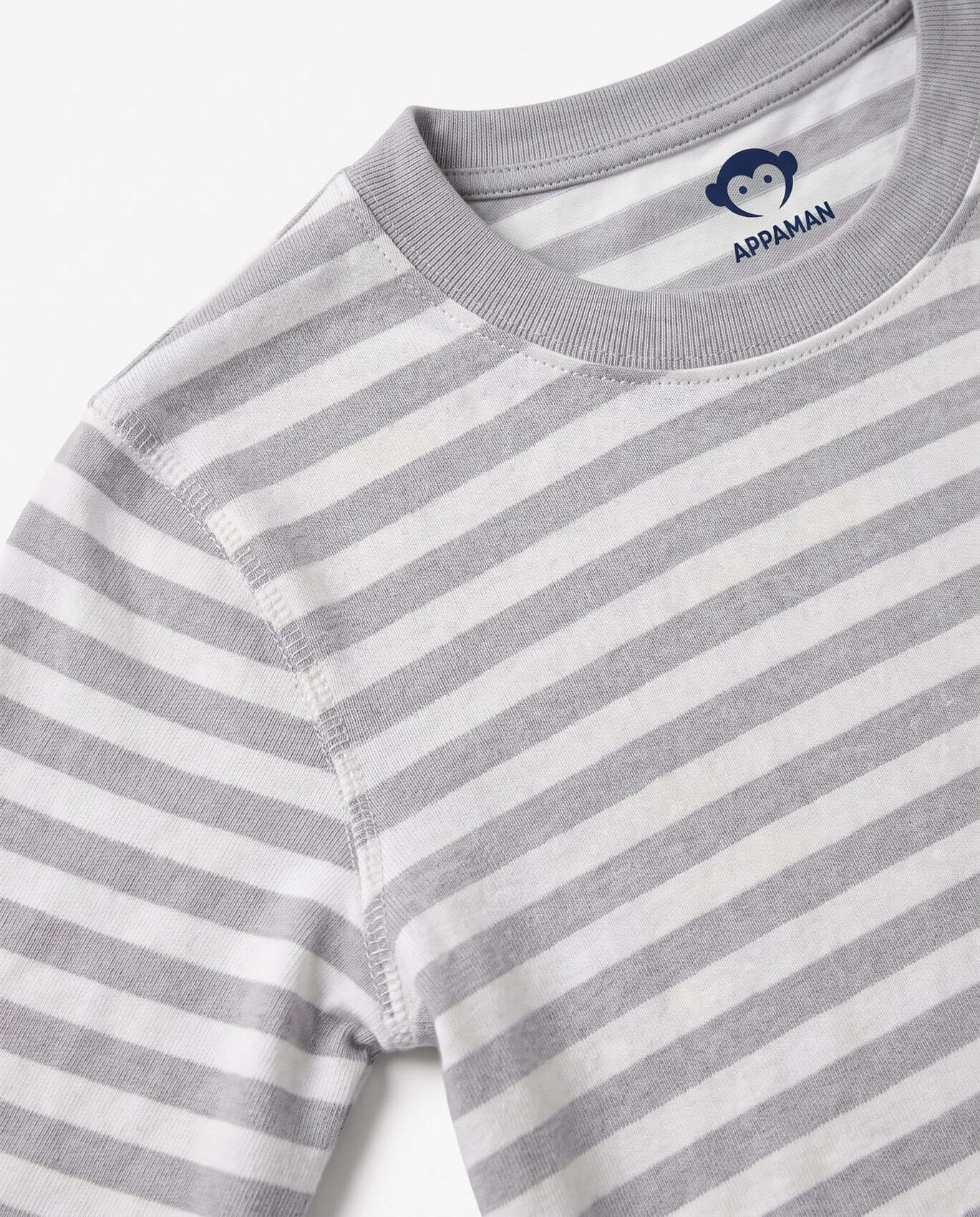 Close-up of a gray and white striped shirt with Appaman logo on a white background