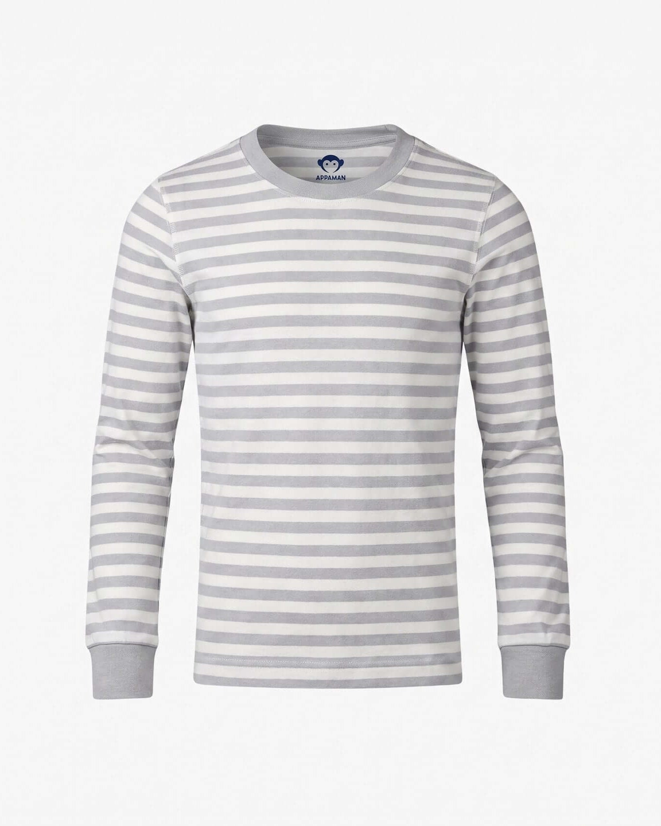 Gray and white striped long-sleeve shirt on a light gray background