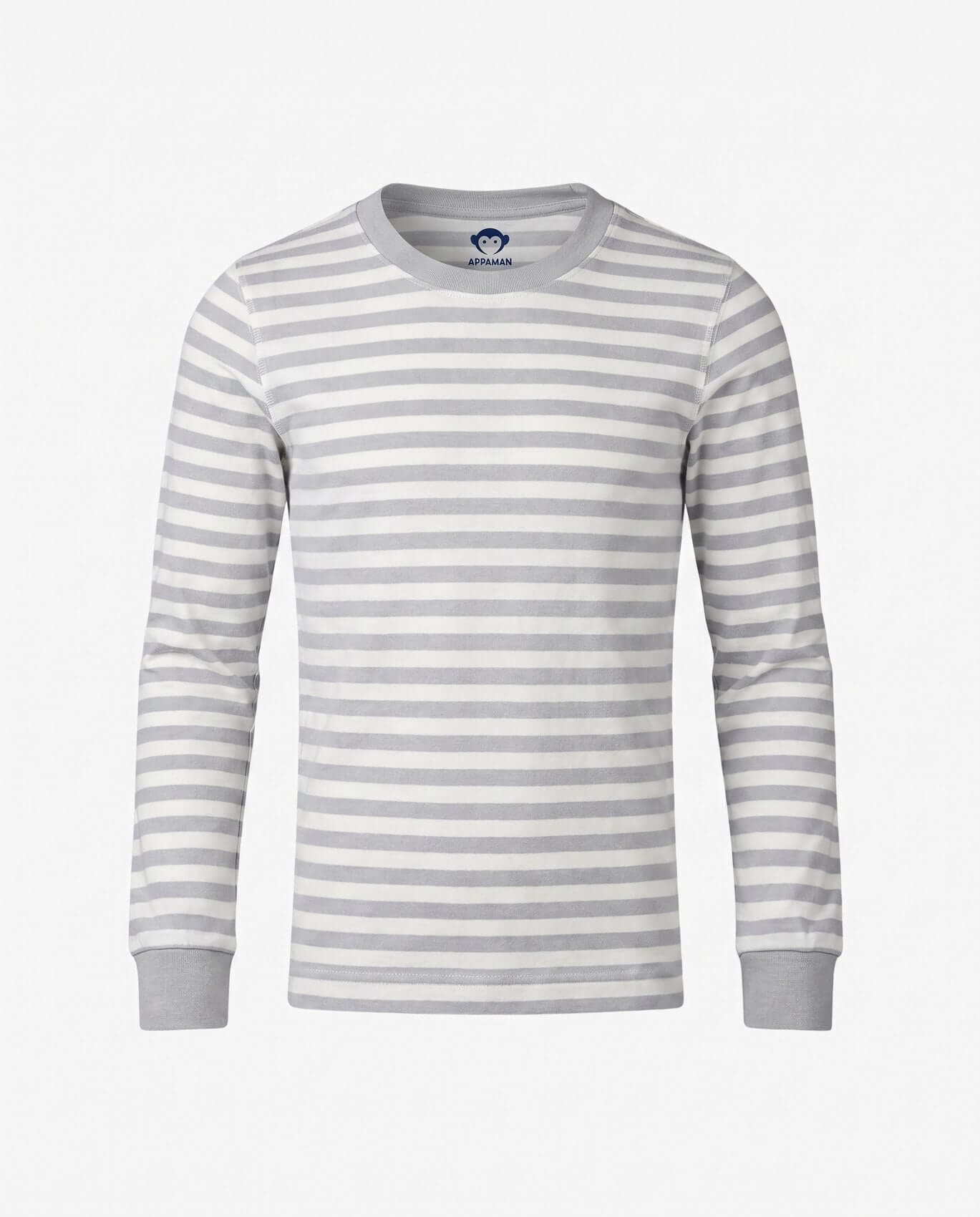 Gray and white striped long-sleeve shirt on a light gray background