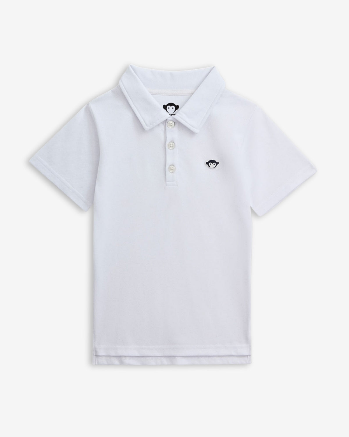White Logo Fairbanks Polo showcasing a classic collar and signature monkey embroidery