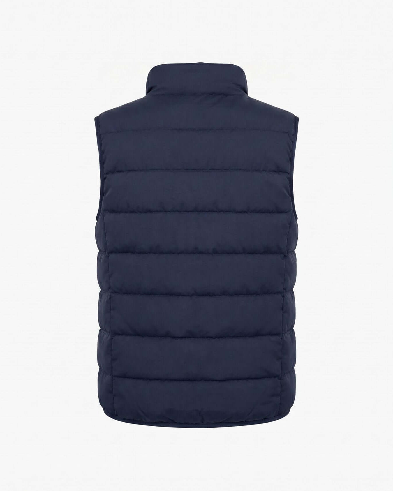 Navy blue puffer vest on a white background