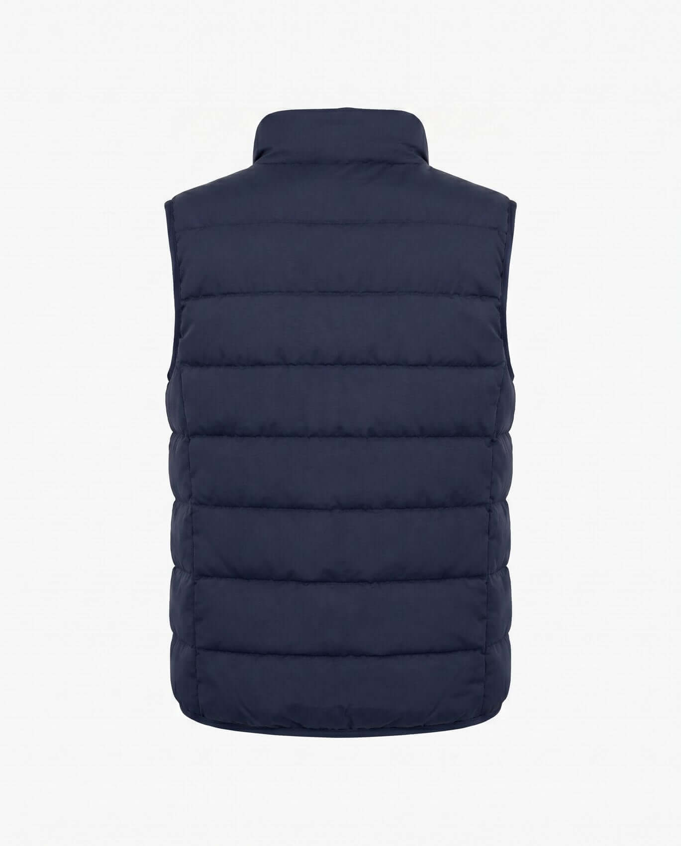 Navy blue puffer vest on a white background