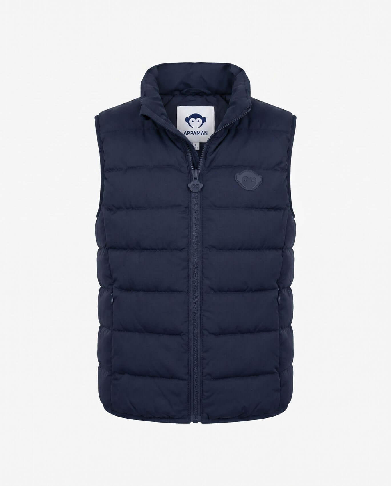 Navy puffer vest on a white background