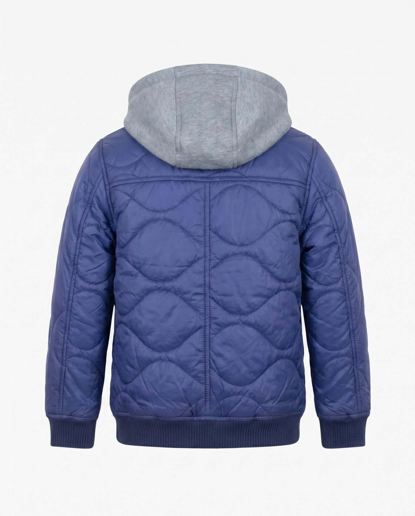 Blue quilted jacket with gray hood on a white background