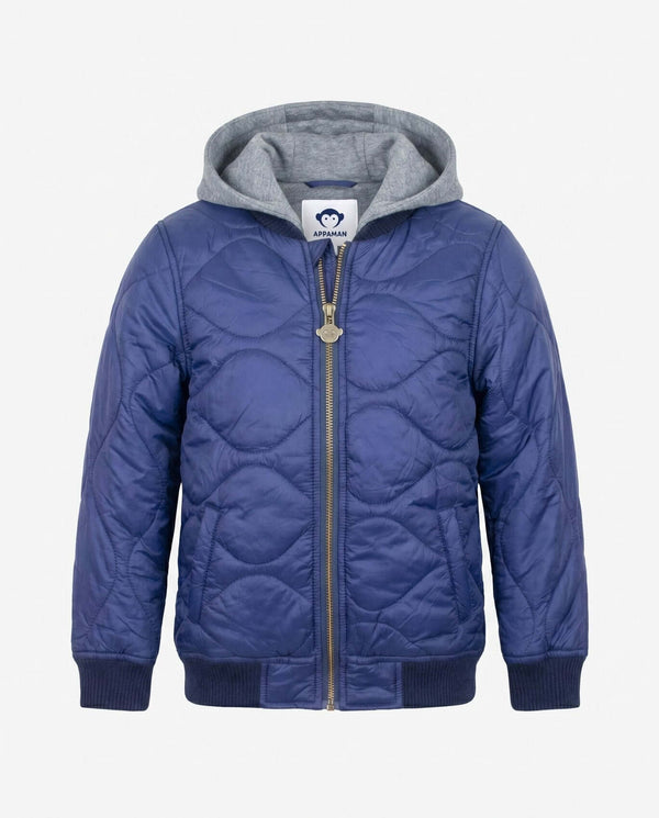 Dark Navy BX Bomber jacket from Appaman with hood, water-resistant design, perfect for boys in cold weather.