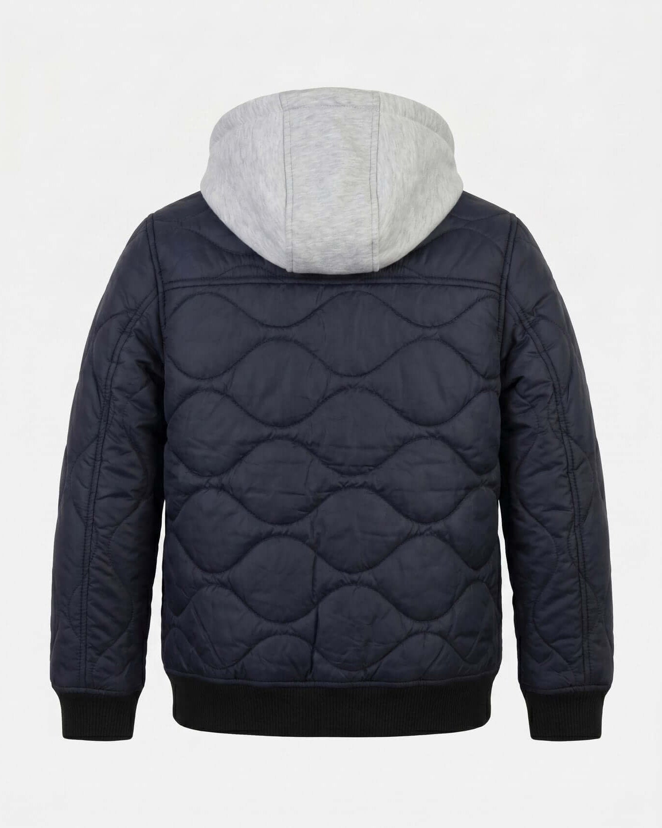 Navy quilted jacket with gray hood on a white background