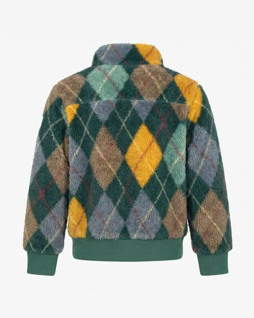 Plaid jacket with green, yellow, and brown pattern on a white background