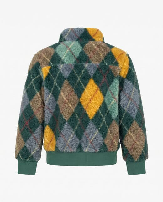 Plaid jacket with green, yellow, and brown pattern on a white background
