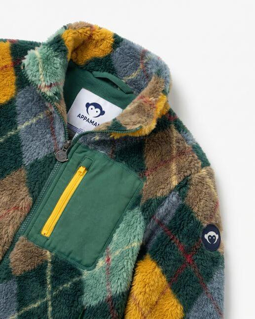 Multicolored plaid jacket with a visible brand label on a white background