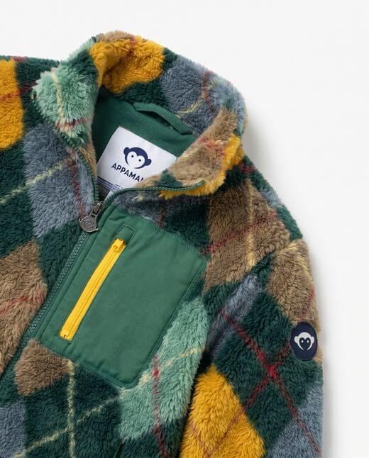 Multicolored plaid jacket with a visible brand label on a white background