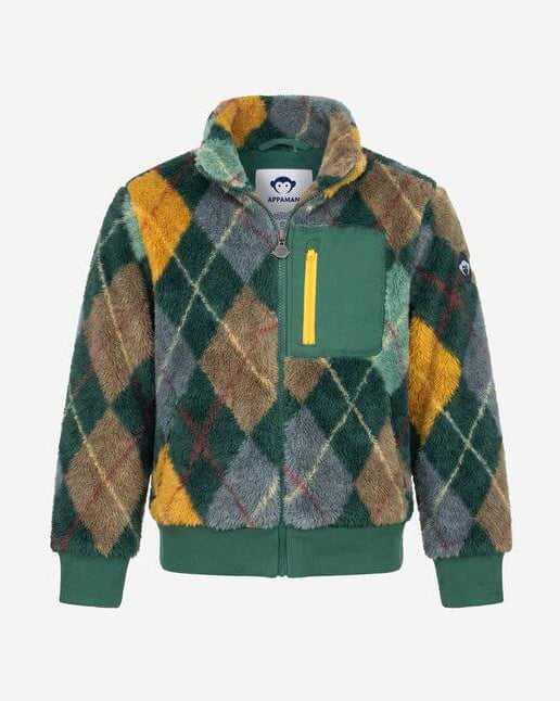 Plaid patterned jacket with a green zipper on a white background