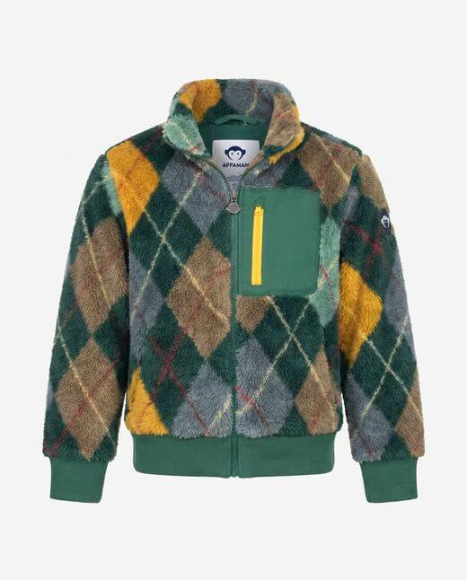 Plaid patterned jacket with a green zipper on a white background
