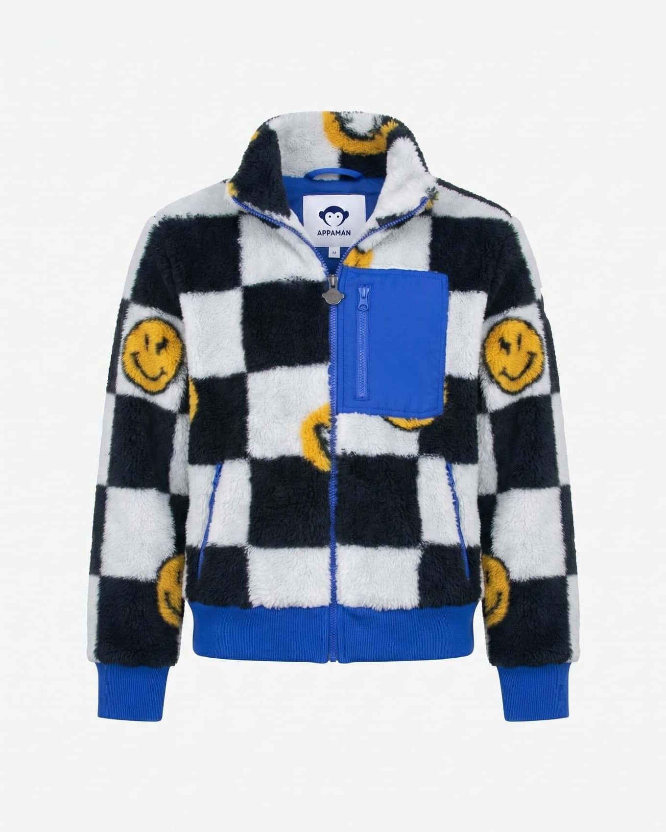 Checkered jacket with smiley face patterns on a white background
