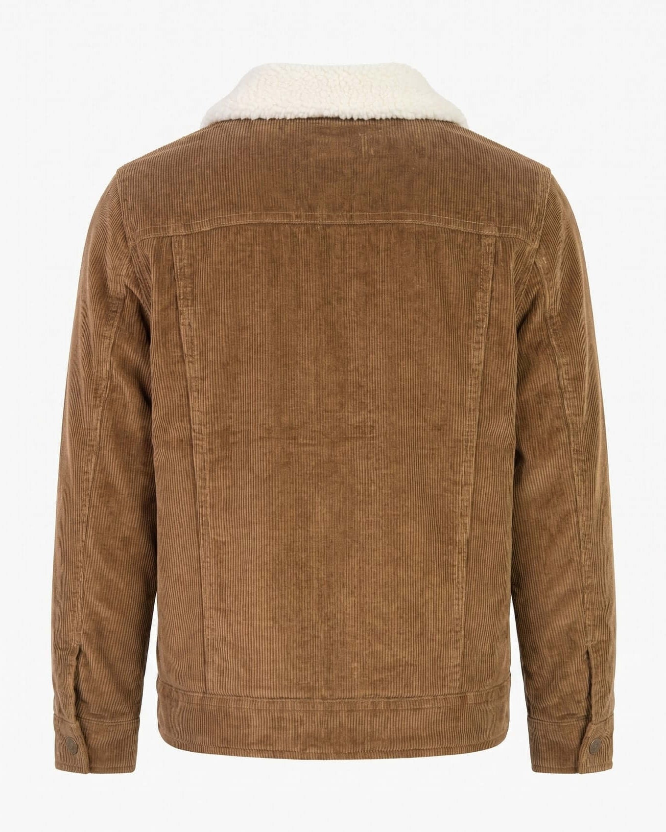 Brown corduroy jacket with white shearling collar on a white background