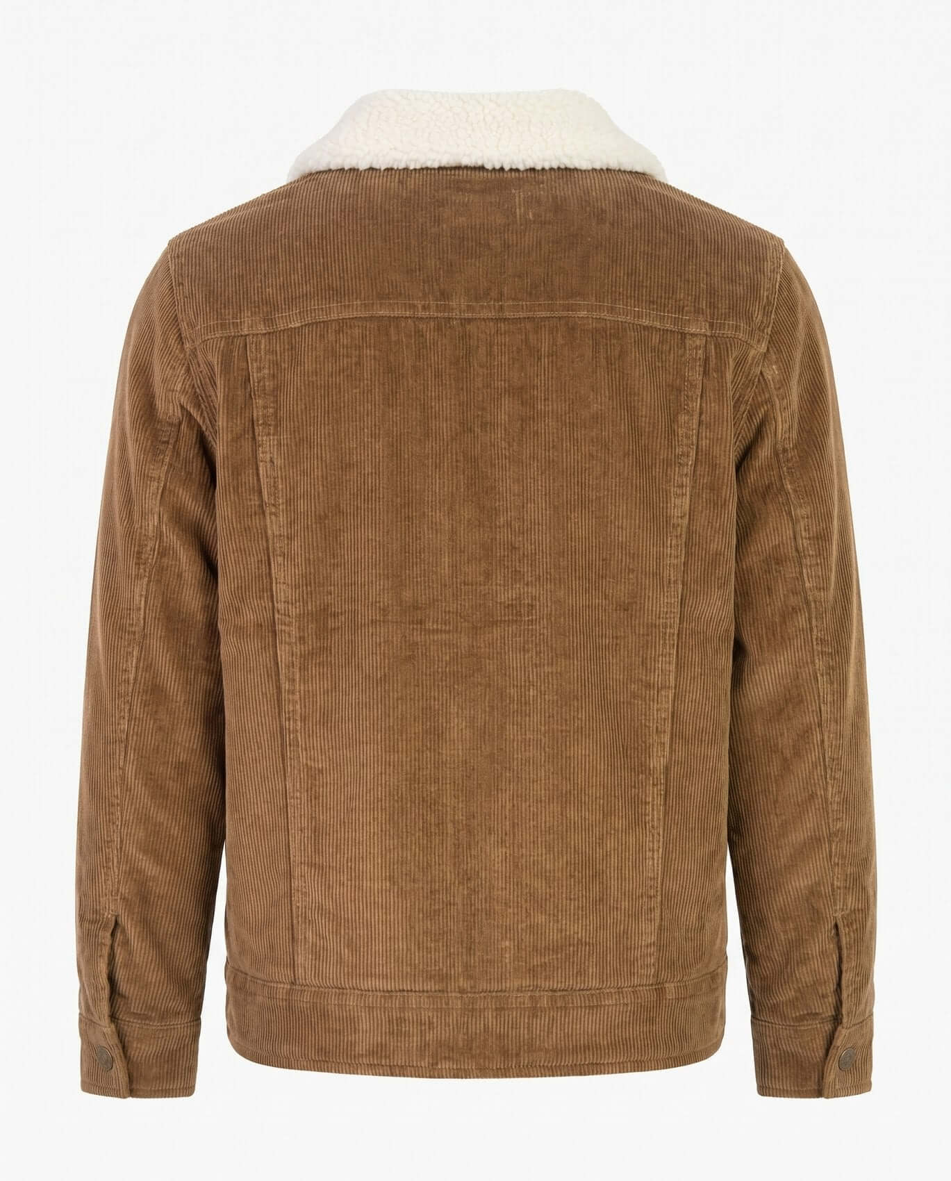 Brown corduroy jacket with white shearling collar on a white background